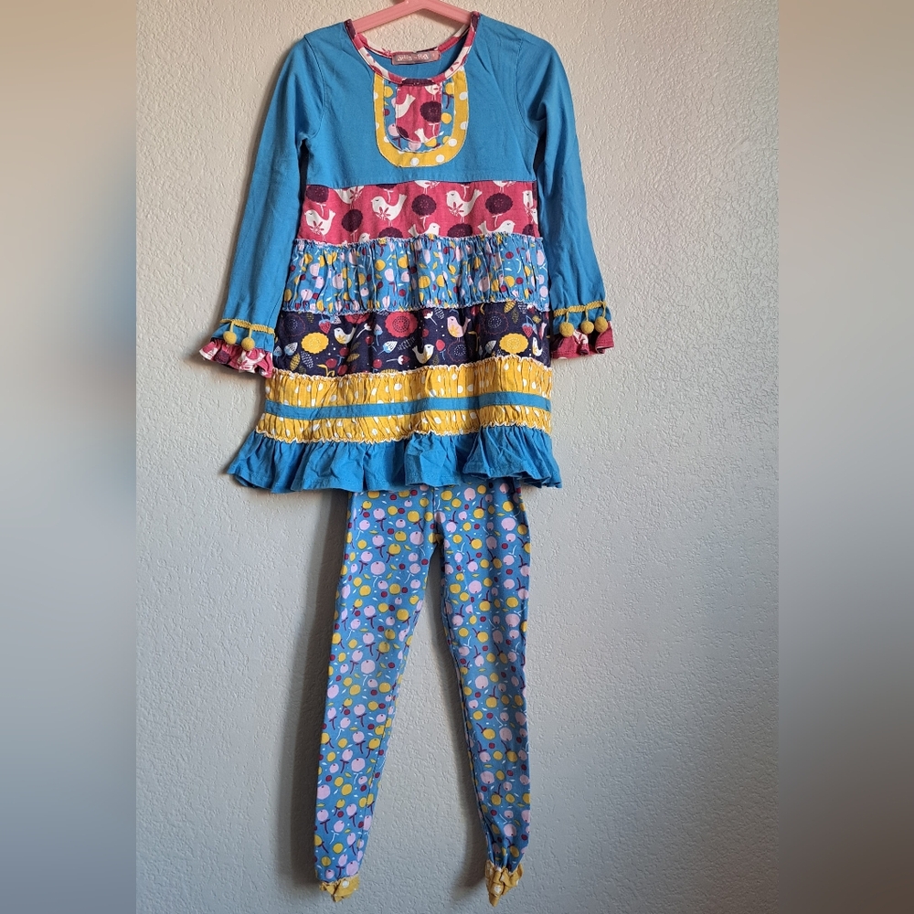 Jelly The Pug Girls Folk Art Collection Blue Pompom Matching Top And Pants Set 6